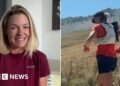 Sophie Woods in a split screen - on an interview (l) and running in the Alps (r)