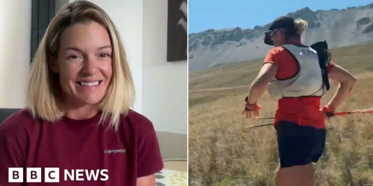 Sophie Woods in a split screen - on an interview (l) and running in the Alps (r)