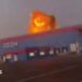 A screengrab from a video on social media showing flames rise from an Ozon facility following a Ukrainian drone strike in Makhachkala, Dagestan, Russia.