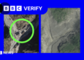 A satellite image showing the part of the glacier that collapsed, a lake that formed on the mountain, a trail of rocks and debris and a barrier lake