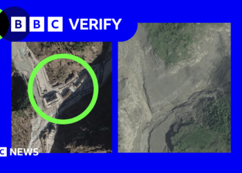 A satellite image showing the part of the glacier that collapsed, a lake that formed on the mountain, a trail of rocks and debris and a barrier lake