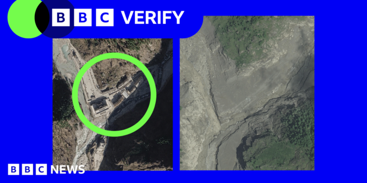 A satellite image showing the part of the glacier that collapsed, a lake that formed on the mountain, a trail of rocks and debris and a barrier lake