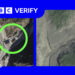 A satellite image showing the part of the glacier that collapsed, a lake that formed on the mountain, a trail of rocks and debris and a barrier lake
