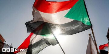A Sudanese flag flutters in the wind against a backdrop of a bright blue sky - other Sudanese flags are in the background. The sun can be seen shining through the bottom of the flag.
