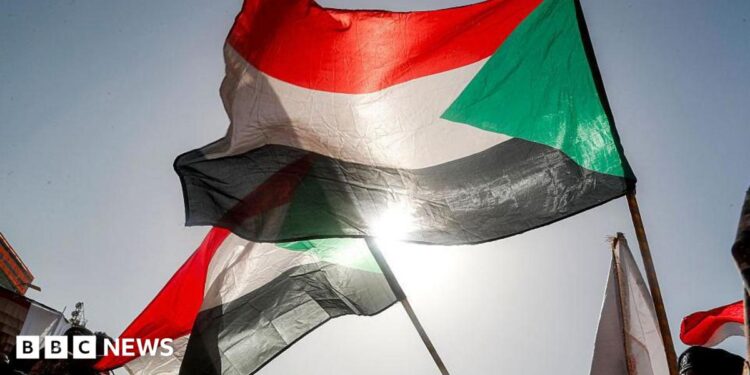 A Sudanese flag flutters in the wind against a backdrop of a bright blue sky - other Sudanese flags are in the background. The sun can be seen shining through the bottom of the flag.