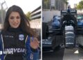 Split screen. Left, Helena Humphrey is seen. Right, a race car is seen.