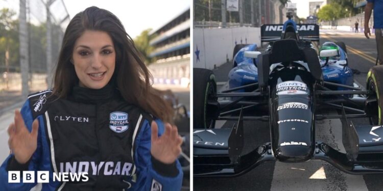 Split screen. Left, Helena Humphrey is seen. Right, a race car is seen.