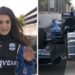 Split screen. Left, Helena Humphrey is seen. Right, a race car is seen.