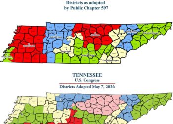 A side-by-side comparison shows Tennessee's U.S. House map before and after the state Legislature redrew the districts in May to benefit Republicans ahead of the midterm elections.