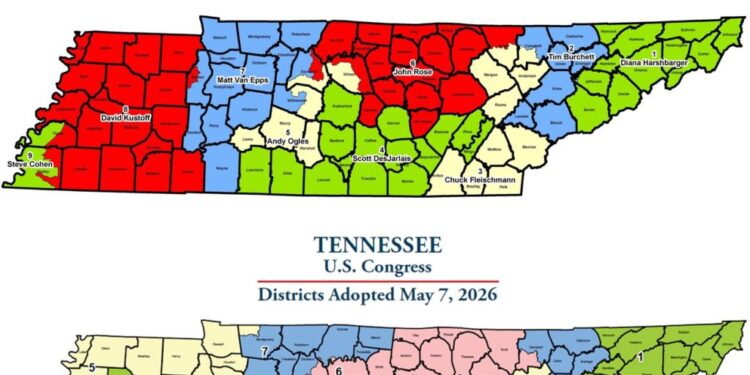 A side-by-side comparison shows Tennessee's U.S. House map before and after the state Legislature redrew the districts in May to benefit Republicans ahead of the midterm elections.