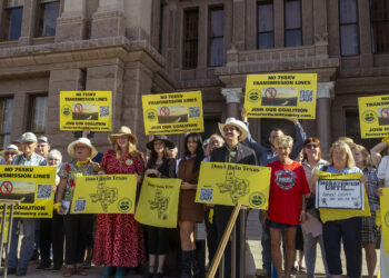 Texans rally on the Capitol steps before a House State Affairs committee hearing on data centers and 765-kV transmission lines on Wednesday, Aug. 19th, 2026.