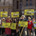 Texans rally on the Capitol steps before a House State Affairs committee hearing on data centers and 765-kV transmission lines on Wednesday, Aug. 19th, 2026.