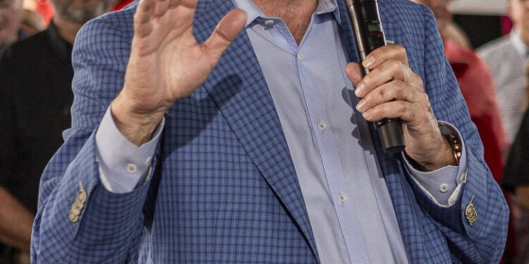 Attorney General Ken Paxton speaks on how he plan to keep Texas red while comparing himself to his opponent State Rep. James Talarico during his “Rally in the Valley” in McAllen on July 14, 2026.