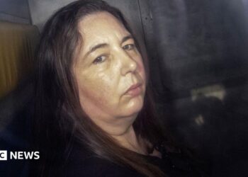 Erin Patterson, looking at the camera in the back of a prison van