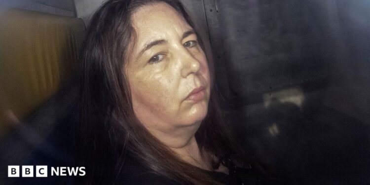 Erin Patterson, looking at the camera in the back of a prison van