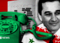 A designed image of a green telephone, a phone contact book with black redactions and three linked red circles overlaid. There is also the head of a man with dark hair and eyebrows, with elements of the Syrian flag visible in red, green, black and white.