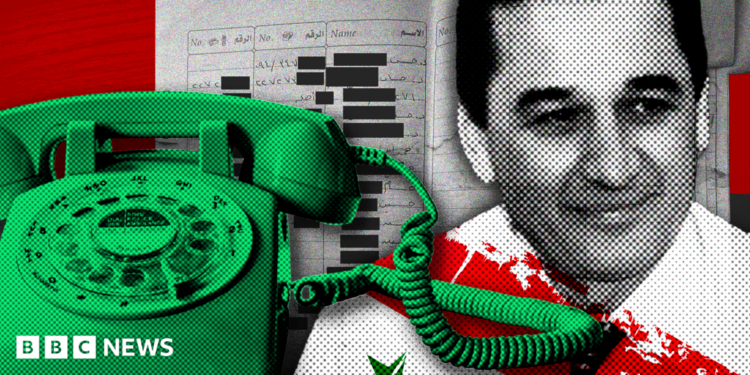 A designed image of a green telephone, a phone contact book with black redactions and three linked red circles overlaid. There is also the head of a man with dark hair and eyebrows, with elements of the Syrian flag visible in red, green, black and white.