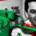 A designed image of a green telephone, a phone contact book with black redactions and three linked red circles overlaid. There is also the head of a man with dark hair and eyebrows, with elements of the Syrian flag visible in red, green, black and white.