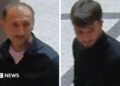 Grainy stills of two men walking through an atrium wearing dark tops.