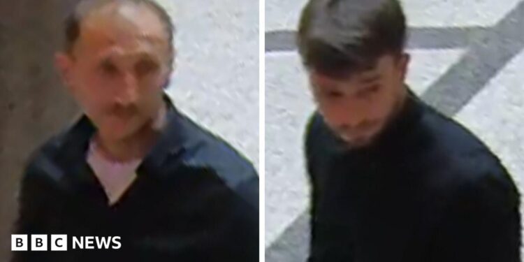 Grainy stills of two men walking through an atrium wearing dark tops.