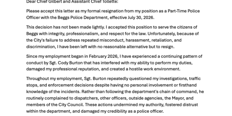 Sappington Resignation Beggs Police