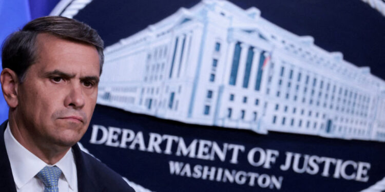 FILE PHOTO: Acting US Attorney General Todd Blanche announces new Trump administration actions against the Jalisco New Gen...