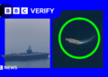 A satellite image of the USS Abraham Lincoln with a green circle around it on the right, and an image of the warship up close on the left.