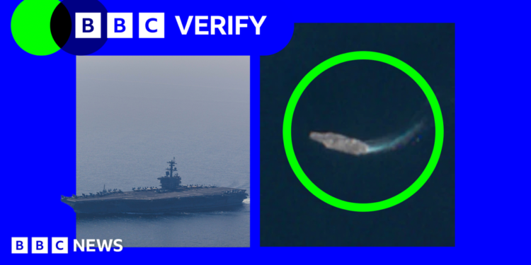 A satellite image of the USS Abraham Lincoln with a green circle around it on the right, and an image of the warship up close on the left.