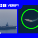 A satellite image of the USS Abraham Lincoln with a green circle around it on the right, and an image of the warship up close on the left.