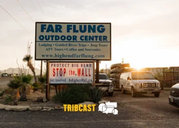 A sign outside Far Flung Outdoor Center Terlingua opposing the border wall on Aug. 12, 2026.