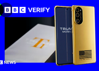 The T1 phone rom Trump Mobile against blue and green BBC Verify branding