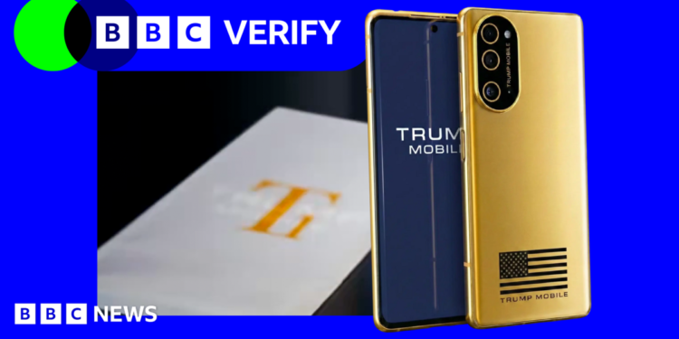 The T1 phone rom Trump Mobile against blue and green BBC Verify branding