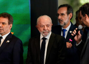 Brazilian President Lula speaks to reporters at the Brazilian Embassy in Washington