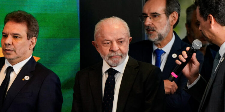 Brazilian President Lula speaks to reporters at the Brazilian Embassy in Washington
