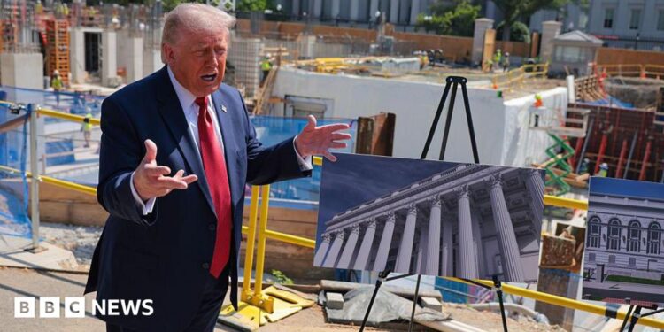 President Trump showing a rendering of the ballroom in front of construction materials on 19 May.