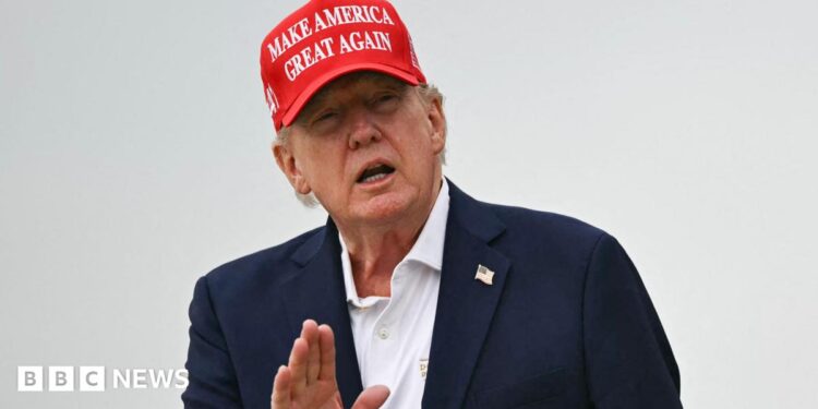 A close up shot of President Donald Trump speaking to outside with his hand raised. He is wearing a "make America great again" cap