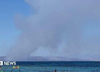 Smoke rises in Salamina during wildfire as seen from Agistri island