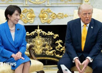 US President Donald Trump and Sanae Takaichi, Japan's prime minister, during a meeting in the Oval Office of the White House in Washington, DC, US, on Thursday, 19 March, 2026.