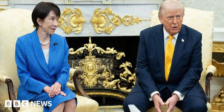US President Donald Trump and Sanae Takaichi, Japan's prime minister, during a meeting in the Oval Office of the White House in Washington, DC, US, on Thursday, 19 March, 2026.