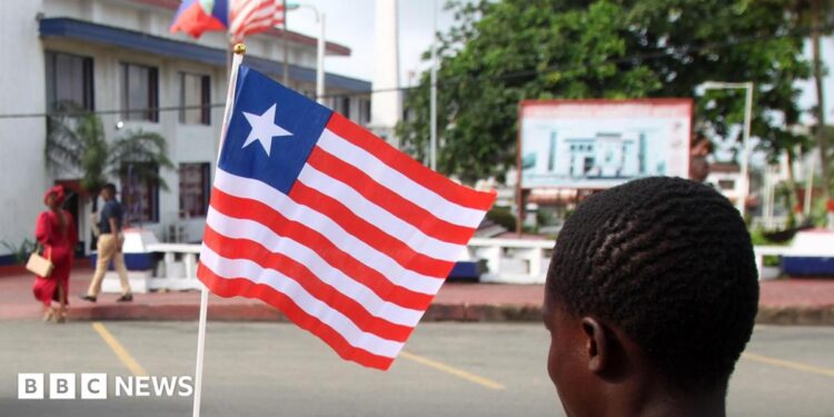 A back view of person holding a small Liberian flag on a street in Monrovia