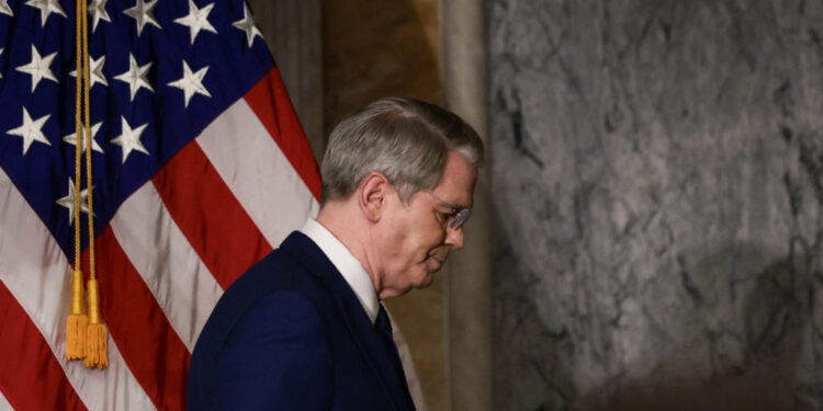 U.S. Treasury Secretary Scott Bessent speaks outlines further sanctions against Iran, at the Treasury Department in Washin...