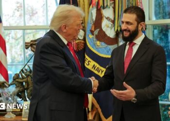 Two men in dark suits and red ties smile and shake hands in front of windows and American flags