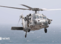 A photo of a US Navy MH-60 helicopter used by US Central Command in its post to inform about missile strikes on a cargo ship