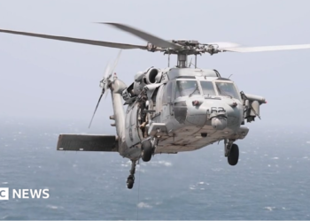 A photo of a US Navy MH-60 helicopter used by US Central Command in its post to inform about missile strikes on a cargo ship