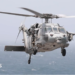 A photo of a US Navy MH-60 helicopter used by US Central Command in its post to inform about missile strikes on a cargo ship