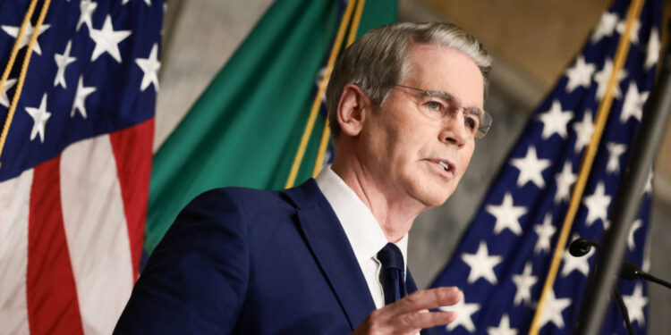 U.S. Treasury Secretary Scott Bessent speaks outlines further sanctions against Iran, at the Treasury Department in Washin...