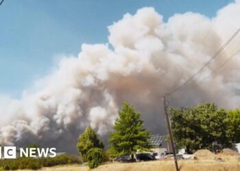 Smoke billows into the sky during a wildfire in Washington state