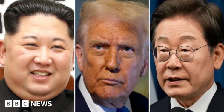 Kim Jong Un, Donald Trump and Lee Jae Myung are seen.