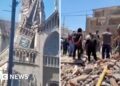 Split screen. Left, church is seen damaged after earthquake. Right, damage is seen from the earthquake.