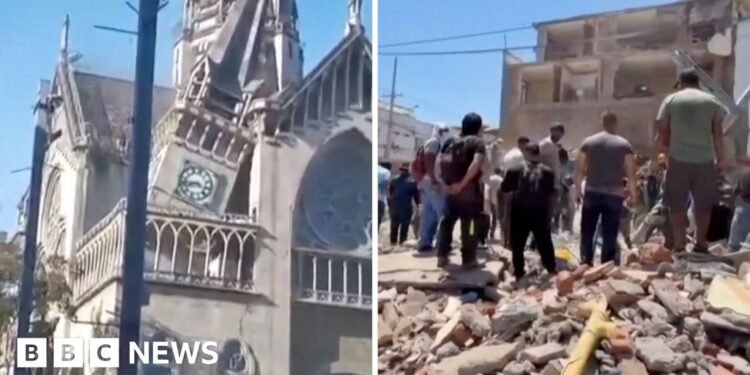 Split screen. Left, church is seen damaged after earthquake. Right, damage is seen from the earthquake.